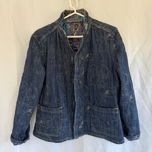 CHICO'S reversible blue denim and purple paisley quilted jacket